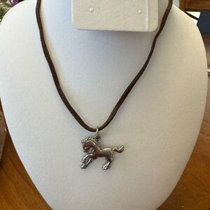Lia Sophia Silver Horse Pendant on Brown Les cord 14 inches Necklace